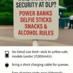 Security rules at Disneyland Paris showing what you can take through, including power banks, selfie sticks, snacks, and alcohol rules.