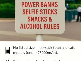 Security rules at Disneyland Paris showing what you can take through, including power banks, selfie sticks, snacks, and alcohol rules.