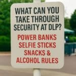 Security rules at Disneyland Paris showing what you can take through, including power banks, selfie sticks, snacks, and alcohol rules.