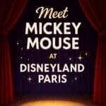 Stage spotlight with red curtains and sparkles promoting the Meet Mickey Mouse attraction at Disneyland Paris.