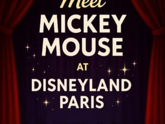 Stage spotlight with red curtains and sparkles promoting the Meet Mickey Mouse attraction at Disneyland Paris.