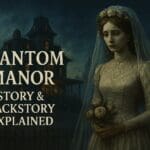 Atmospheric illustration of Disneyland Paris Phantom Manor with Melanie Ravenswood ghostly figure in a wedding dress at sunset