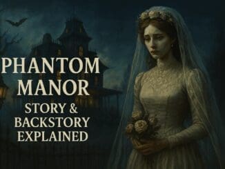 Atmospheric illustration of Disneyland Paris Phantom Manor with Melanie Ravenswood ghostly figure in a wedding dress at sunset
