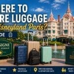 Disneyland Paris luggage storage guide showing suitcases and baggage drop-off near the Disneyland Hotel entrance with tips for lockers, bags on rides and arrival day planning