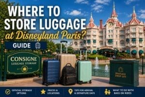 Disneyland Paris luggage storage guide showing suitcases and baggage drop-off near the Disneyland Hotel entrance with tips for lockers, bags on rides and arrival day planning