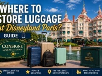Disneyland Paris luggage storage guide showing suitcases and baggage drop-off near the Disneyland Hotel entrance with tips for lockers, bags on rides and arrival day planning
