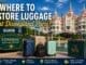 Disneyland Paris luggage storage guide showing suitcases and baggage drop-off near the Disneyland Hotel entrance with tips for lockers, bags on rides and arrival day planning