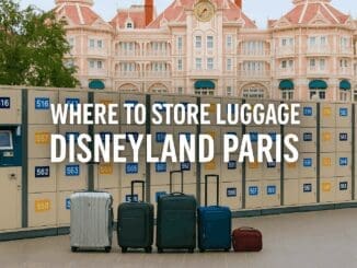Lockers and suitcases outside the entrance to Disneyland Paris, showing where to store luggage with self-service lockers and the Disneyland Hotel in the background.