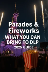 Guests waiting for Disneyland Paris parade and fireworks with text overlay showing rules on what you can bring in 2025.