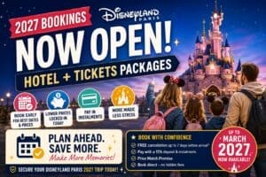 Disneyland Paris 2027 bookings now open feature image showing family viewing the castle at sunset with hotel and ticket package offers, booking benefits and early planning tips for Disneyland Paris holidays