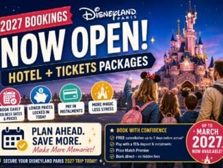 Disneyland Paris 2027 bookings now open feature image showing family viewing the castle at sunset with hotel and ticket package offers, booking benefits and early planning tips for Disneyland Paris holidays