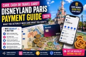 Disneyland Paris payment guide feature image showing Revolut card, euros, mobile banking app and money-saving travel tips for using cards and cash at Disneyland Paris in 2026