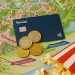 Revolut card and euro coins on a Disneyland Paris park map with popcorn – guide to tipping and payments in France.