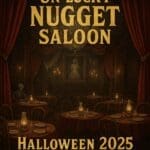 Spooky dining room at the Un-Lucky Nugget Saloon with haunted decor and chandeliers, promoting Halloween 2025 at Disneyland Paris.