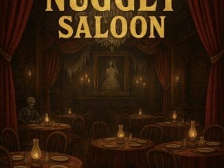 Spooky dining room at the Un-Lucky Nugget Saloon with haunted decor and chandeliers, promoting Halloween 2025 at Disneyland Paris.