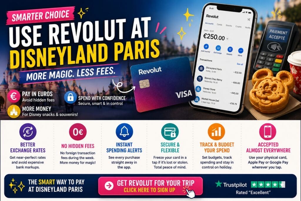 Disneyland Paris Revolut travel card infographic showing how to avoid foreign transaction fees, track spending and save money using Revolut at Disneyland Paris in 2026