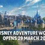 Concept art of Disney Adventure World at Disneyland Paris with Arendelle, mountains, lake and the text ‘Disney Adventure World Opens 29 March 2026