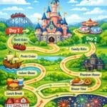 Disneyland Paris 2 day itinerary map showing route plan across both parks with rides food and fireworks