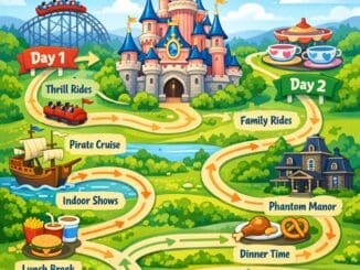 Disneyland Paris 2 day itinerary map showing route plan across both parks with rides food and fireworks