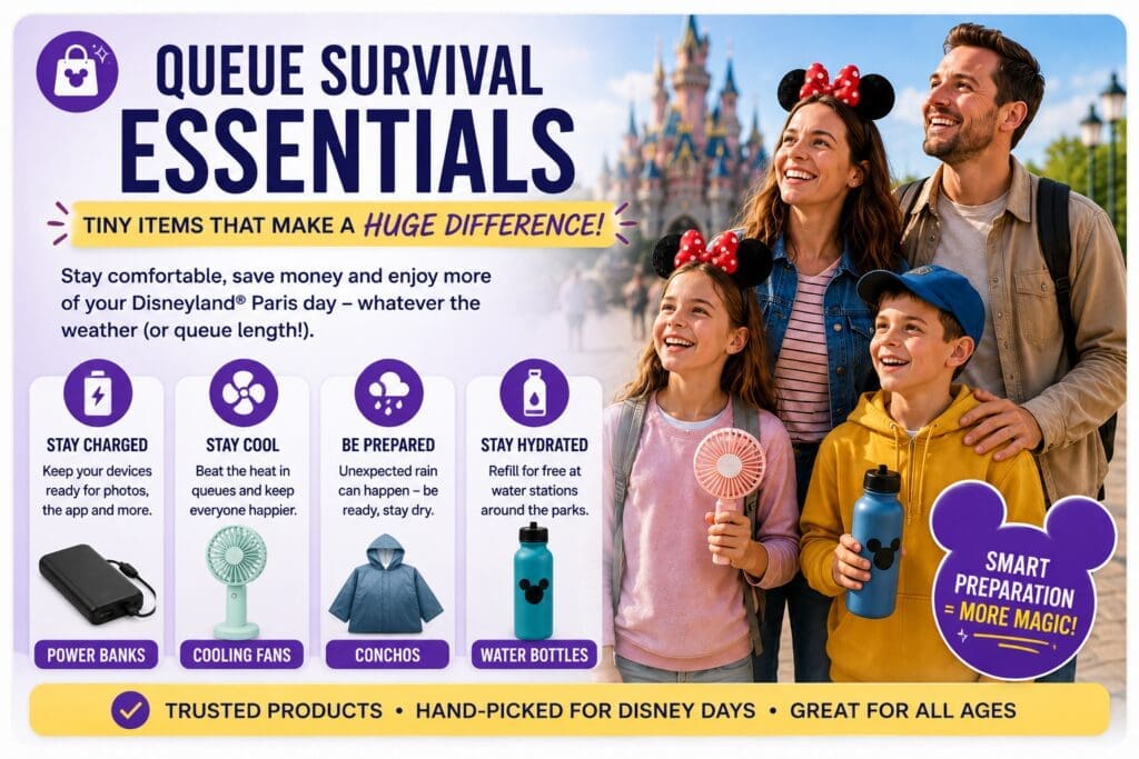 Disneyland Paris queue survival essentials graphic showing family with portable charger, cooling fan, poncho and refillable water bottle near the castle