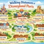 Disneyland Paris walking distances map showing routes between parks, hotels and Disney Village