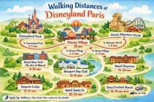 Disneyland Paris walking distances map showing routes between parks, hotels and Disney Village