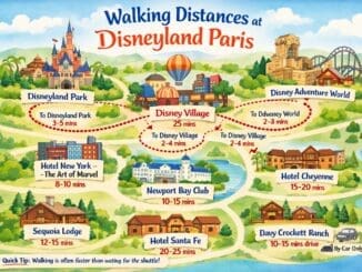 Disneyland Paris walking distances map showing routes between parks, hotels and Disney Village