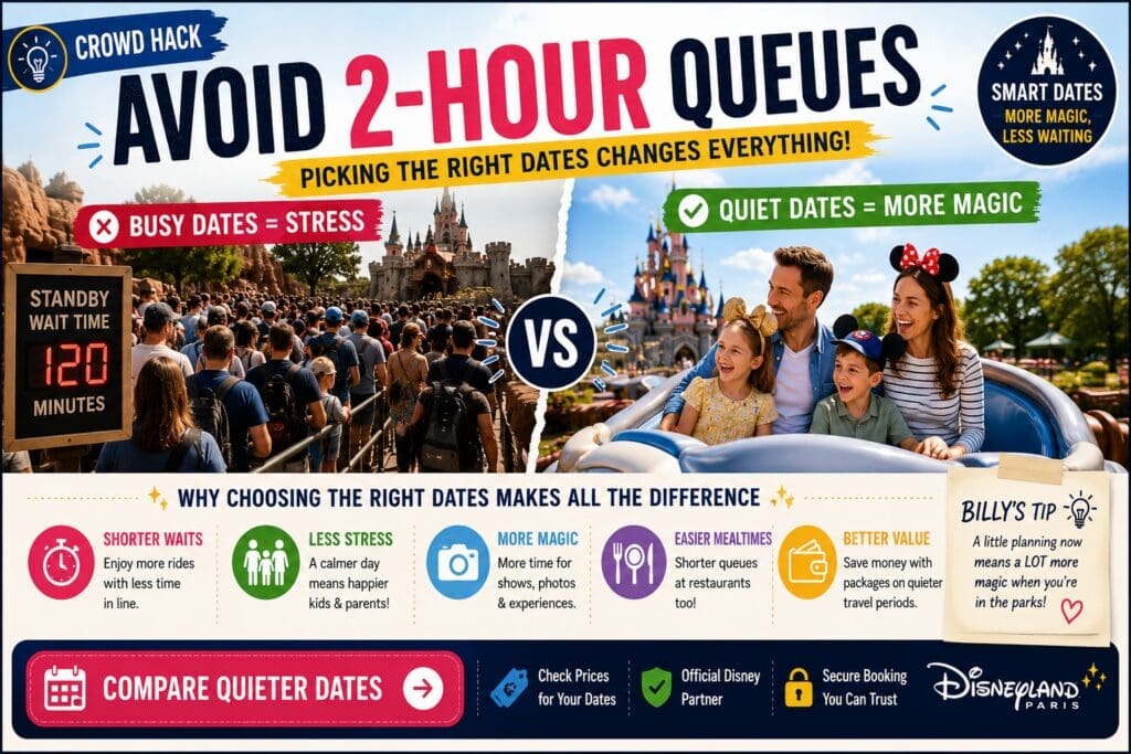 Disneyland Paris onsite hotel benefits graphic showing family enjoying easier park days with Extra Magic Time, quieter meal breaks and reduced stress during busy travel periods