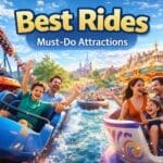 Visitors enjoying the best rides at a theme park including rollercoasters and family attractions in a vibrant park setting