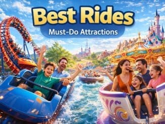 Visitors enjoying the best rides at a theme park including rollercoasters and family attractions in a vibrant park setting