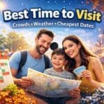 Family planning the best time to visit a theme park using a map and calendar with seasonal weather changes in the background