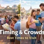 Visitors comparing busy and quiet Disneyland Paris crowds while planning their day using a map and phone