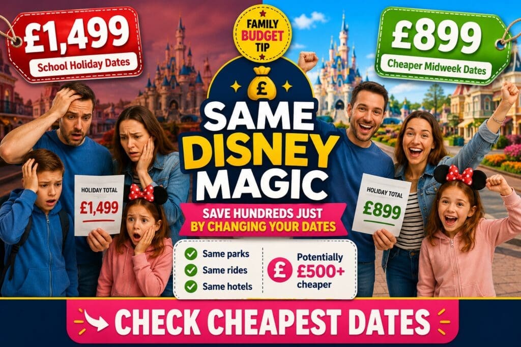 Split-screen infographic showing how Disneyland Paris family holiday prices can vary by over £500 depending on travel dates, comparing school holiday prices with cheaper midweek dates.