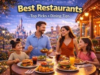 Family enjoying a meal at a themed restaurant in a colourful theme park setting