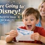 child reacting to surprise disney trip tickets at home