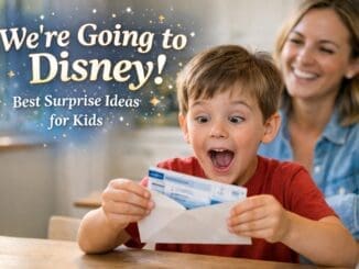 child reacting to surprise disney trip tickets at home