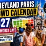 Disneyland Paris Crowd Calendar 2027 feature image showing family planning park dates with crowd level chart, castle background and tips for avoiding busy days and long queues