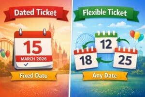 Disneyland Paris ticket price comparison showing savings between dated and flexible tickets