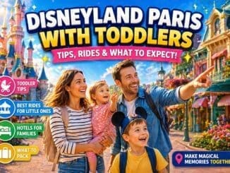 Disneyland Paris with toddlers family guide showing parents and young children enjoying the park with tips, rides and planning advice