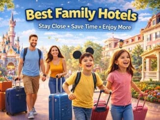 Family arriving at a theme park hotel with luggage and children in a bright resort setting