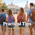 Family walking through a theme park with backpacks and essentials preparing for a full day out