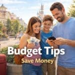 Family planning a theme park trip while holding tickets and checking prices on a phone
