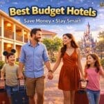 Family arriving at a budget friendly hotel near a theme park with luggage and relaxed atmosphere