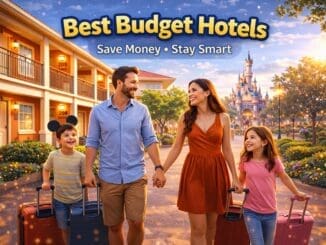 Family arriving at a budget friendly hotel near a theme park with luggage and relaxed atmosphere