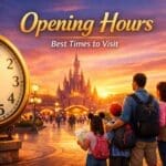 Disneyland Paris opening hours guide with theme park entrance, sunset sky and clock showing best times to visit