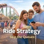 Family planning theme park rides using a map and phone with rollercoaster in the background