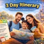 Family planning a three day theme park itinerary using a map and schedule with a colourful park background