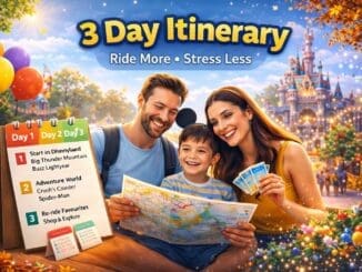 Family planning a three day theme park itinerary using a map and schedule with a colourful park background