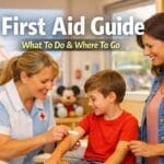 first aid centre at disneyland paris helping a child with a plaster while parent looks reassured
