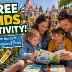 Family with young children colouring a free Earth Month activity booklet at Disneyland Paris with fairytale park background